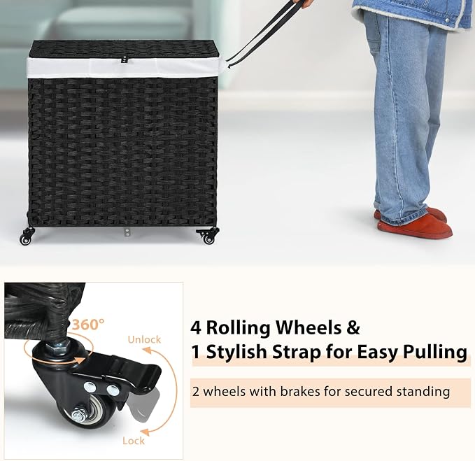 Giantex Laundry Hamper with Wheels and Lid, 125L Rattan Clothes Hamper with 2 - Image 3
