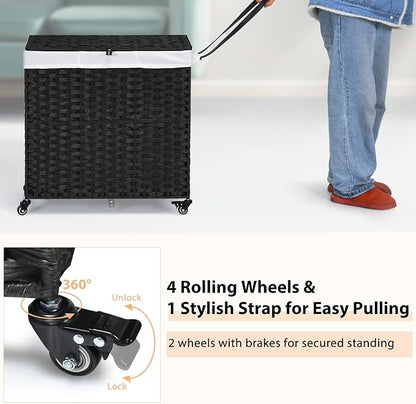 Giantex Laundry Hamper with Wheels and Lid, 125L Rattan Clothes Hamper with 2 - Image 3