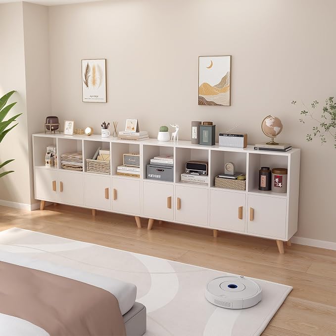 8-Cube Bookcase with Doors, 2-Tier Low Storage Cabient, Warm White | Solid Wood - Image 7
