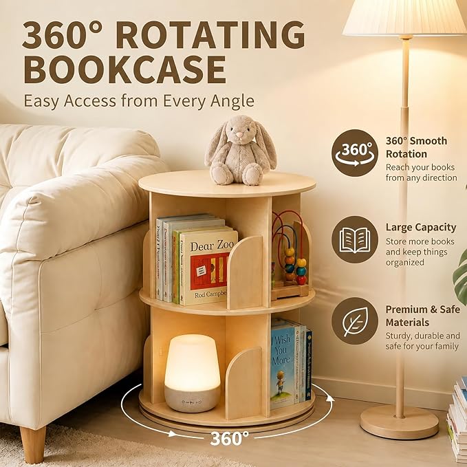 2 Tier Rotating Bookshelf, 360 Display Bookcase - Image 5