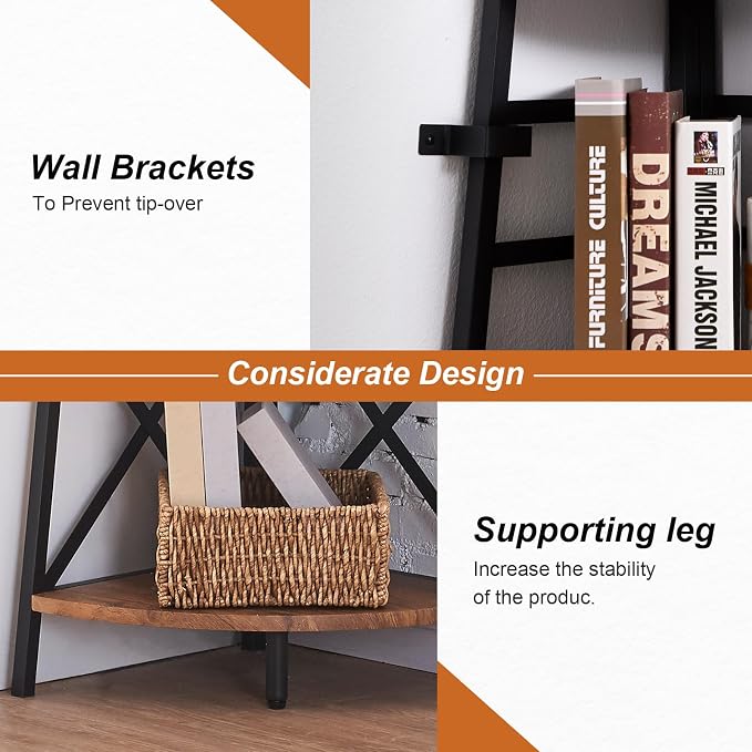 HOMBAZAAR 6 Tier Corner Shelf, 72 Inch Industrial Corner Bookshelf, Tall Ladder - Image 6