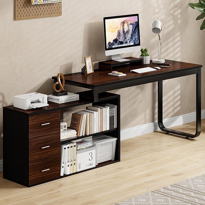 55 Inch L Shaped with Storage Shelves, Corner Computer Desk with Drawers - Image 3