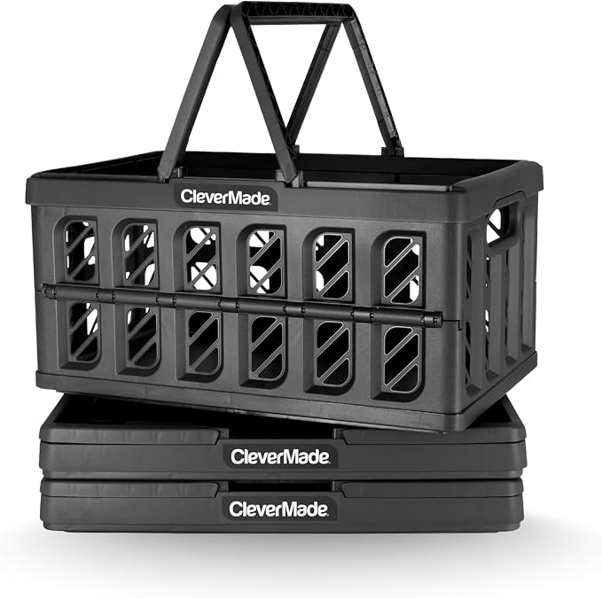 CleverMade Collapsible Shopping Basket, 3PK - 24L Reusable Plastic Grocery by CleverMade