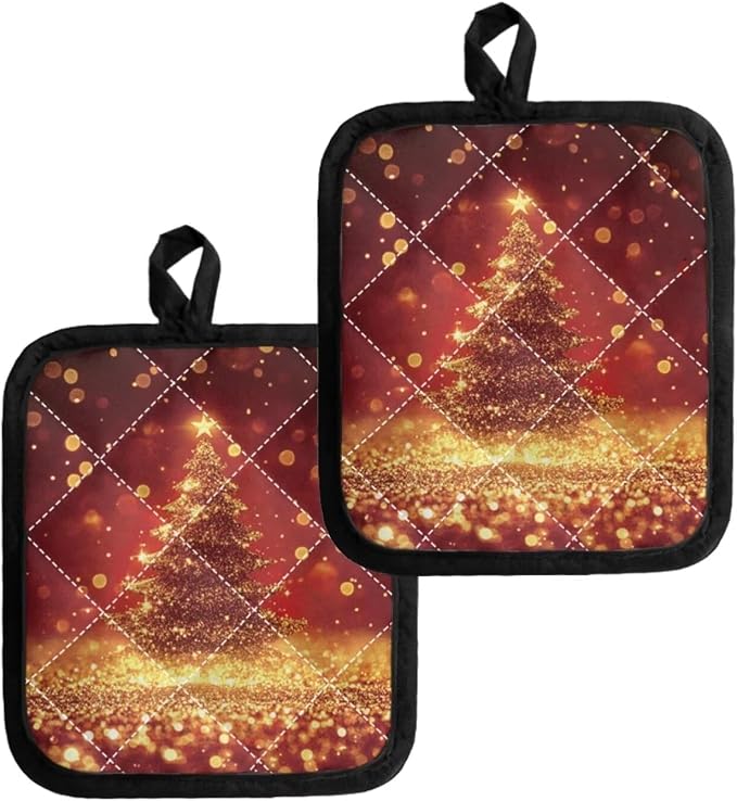 Christmas Gold Tree Dots Pattern Red Hot Pot Holders Set by Jndtueit