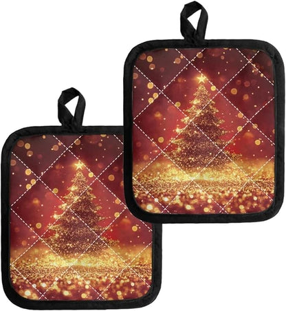 Christmas Gold Tree Dots Pattern Red Hot Pot Holders Set by Jndtueit