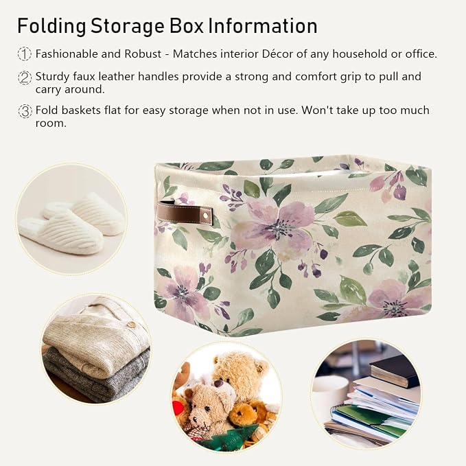 Rustic Pink Green and Purple Flower Storage Bins Box Foldable Shelf Basket - Image 5