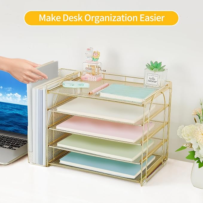 AUPSEN Gold Desk Accessories Organizer, 5-Tier Letter Tray Paper Organizer - Image 5