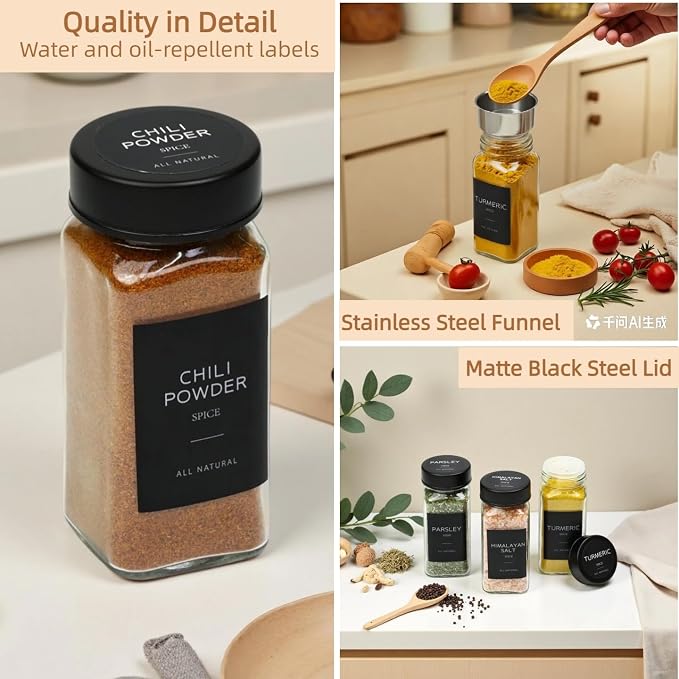 Glass Spice Jars with Black Stainless Steel Lids: 26 pcs 4oz Spice Containers - Image 7