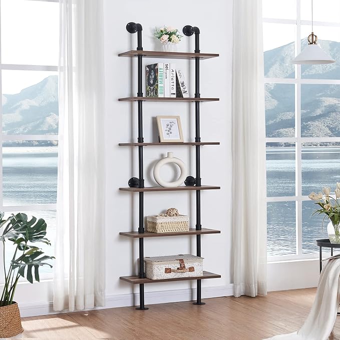 HOMBAZAAR Industrial Pipe Bookshelf, 6 Tier Pipe Shelving, Wall Mounted Ladder - Image 3