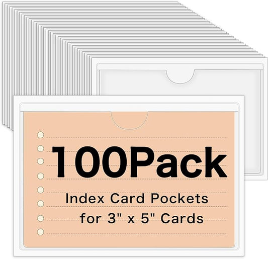 100 Pack Self-Adhesive 3" x 5" Index Card Pockets Clear Lables Holder | Pvc by BESARME