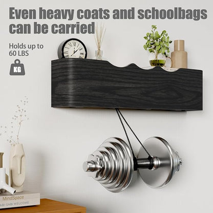 Coat Rack Wall Mount with Shelf 4 Hidden Hooks Modern Wooden Key Holder - Image 4