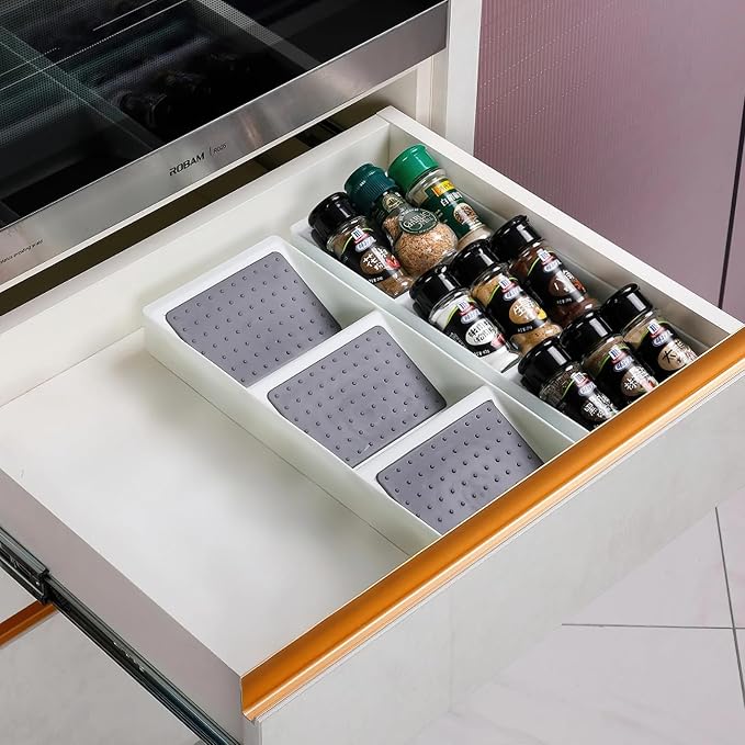 Spice Drawer Organizer, 3 Tier Non-Slip Silicone Seasoning Jars Drawer Insert by Ideamake