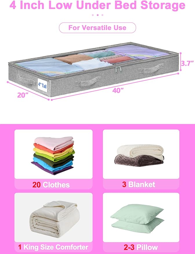 punemi 4 inches Under Bed Storage Containers, Low Profile Underbed Storage - Image 5