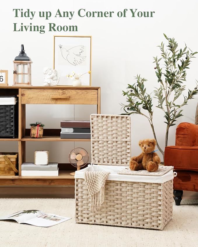 SETVSON Storage Basket with Lid, PE Rattan Storage Bin Light Khaki | Decorative - Image 7