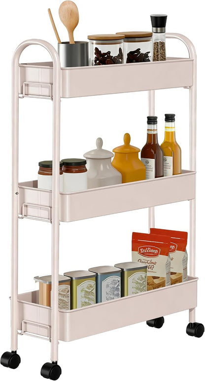 Slim Rolling Cart, Metal Frame Utility Rolling 3-Tier Narrow Storage Cart | by Unknown