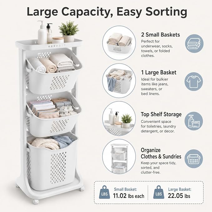 3 Tier Laundry Basket, Stackable Rolling Laundry Sorte Multi-functional Clothes - Image 3