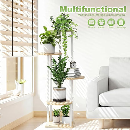 5 Tier Wood Tall Plant Stand Metal Rack Indoor, Round Planter Shelf Display - Image 7