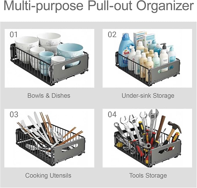 Slide-Out Storage Organizer 9.6"x14.8"x4" Matte Black Rustproof Carbon Steel - Image 3