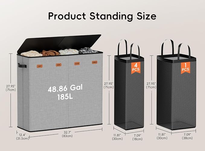 Laundry Hamper 4-Section with Lid, 185L Laundry Sorter with 4 Removable Bags + - Image 6