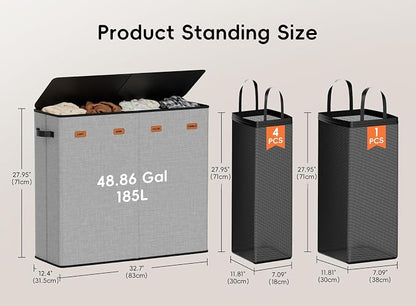 Laundry Hamper 4-Section with Lid, 185L Laundry Sorter with 4 Removable Bags + - Image 6