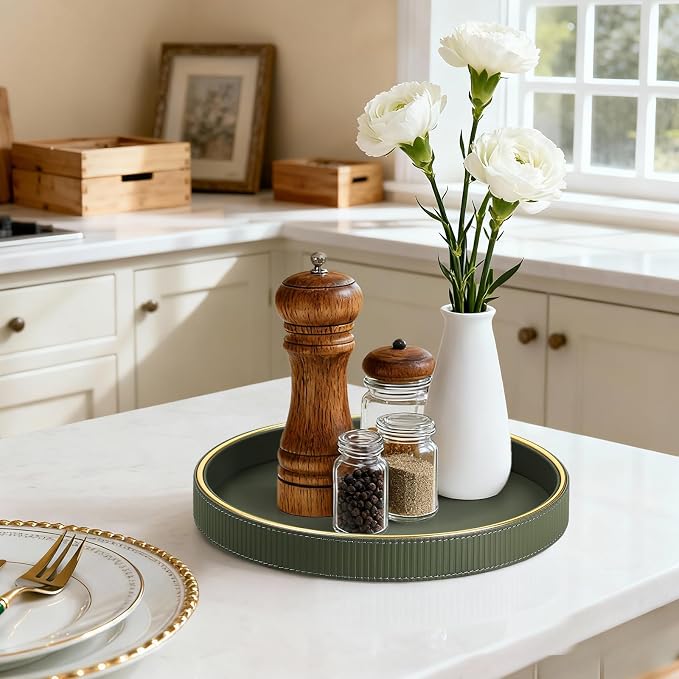 Round Decorative Tray for Coffee Table Decor, PU Leather Coffee Table Tray - Image 3