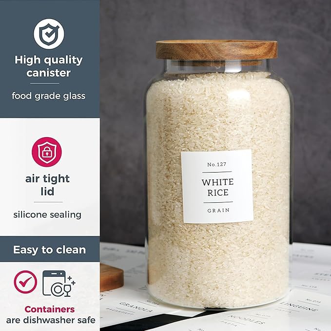 Set of 2 Large Glass Jar with Airtight Acacia Lid and 132 Kitchen Pantry Labels - Image 4