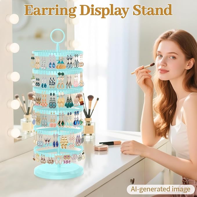 MODOWEY Rotating Earring Holder Organizer Adjustable Display, 6 Tiers Blue | - Image 7