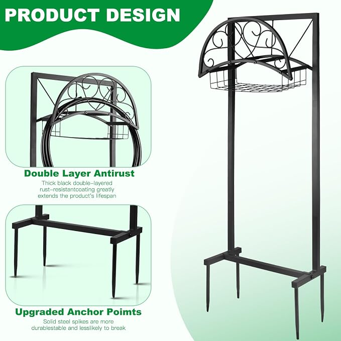 Garden Hose Holder Stand with Storage Basket, Heavy Duty Freestanding Hose - Image 2