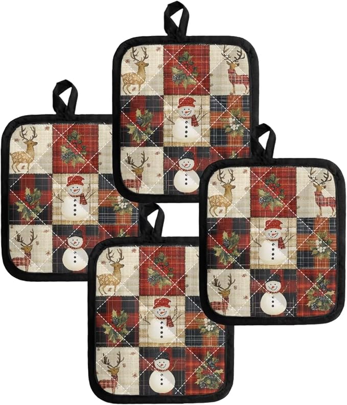 4Pcs Christmas Cute Snowman Deer Red Black White Buffalo Plaid Pot Holders Heat - Image 4
