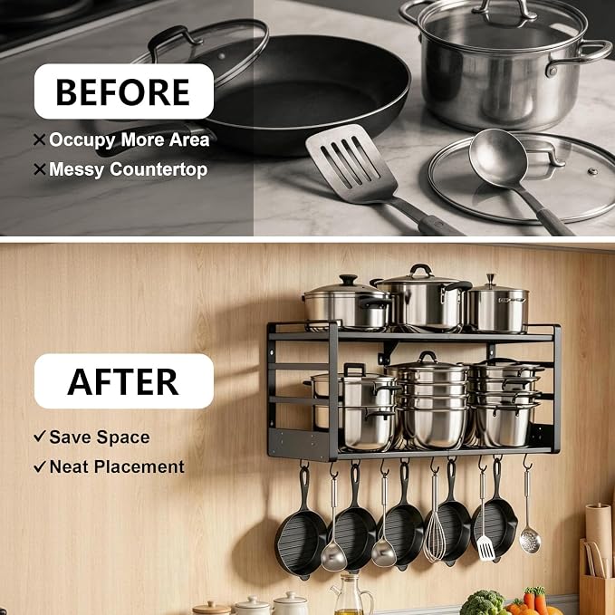 31 Inch Pot Rack Wall Mounted, 2-Tier Pots and Pans Organizer - Image 7