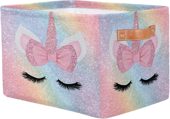 Pardick Unicorn Face Pink Basket Storage Bins Large Fabric Toys Storage Cube Box - Image 2