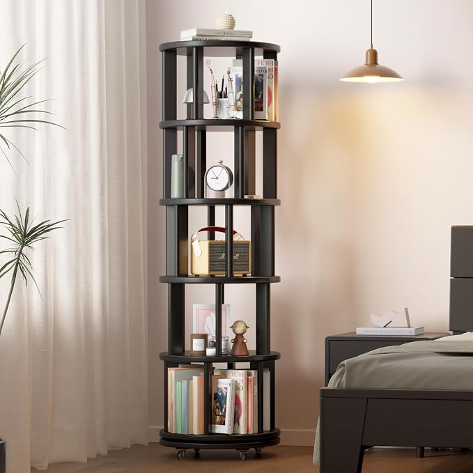 Solid Wood Rotating Bookshelf on Wheels, 5 Tier, Round Revolving Bookcase - Image 8