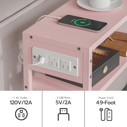 Pink Side Table with Charging Station, Slim End Tables with Linen Basket - Image 6