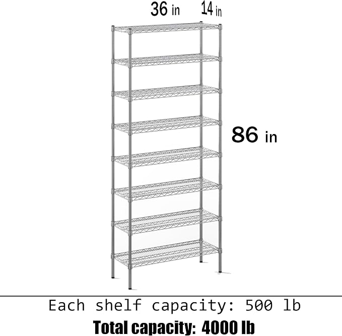 14" Deep x 36" Wide x 86" Height Wire Shelving Kit | 8-Tier |NSF Commercial - Image 3