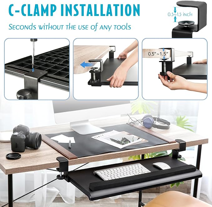 EHO Large Ergonomic C-Clamp Keyboard Tray Mount Under Desk - Image 6