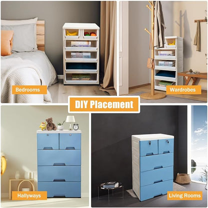 5-Layers Plastic Dresser with 6 Drawers Movable Chest of Drawers Locked Storage - Image 8