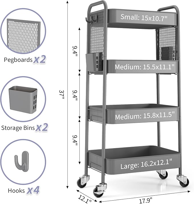 TOOLF 4 Tier Rolling Cart with Pegboard, Metal Storage Organizer Cart with - Image 7