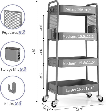 TOOLF 4 Tier Rolling Cart with Pegboard, Metal Storage Organizer Cart with - Image 7