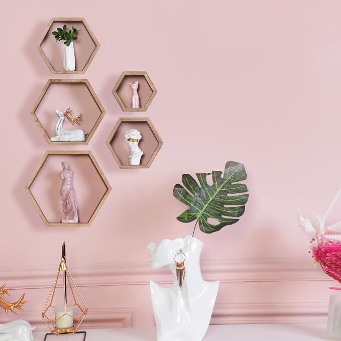 Hexagon Shelves, Floating Wall Shelf, Honeycomb Octagon Cube Shelves Wood | - Image 4