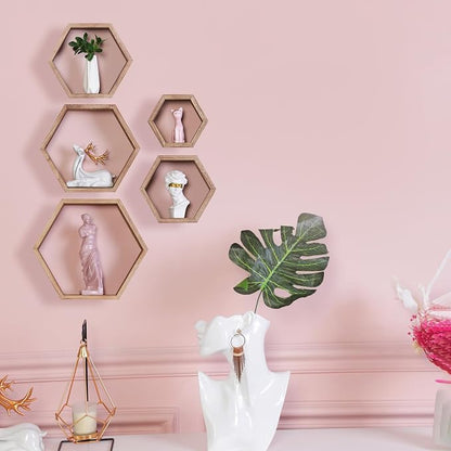 Hexagon Shelves, Floating Wall Shelf, Honeycomb Octagon Cube Shelves Wood | - Image 4