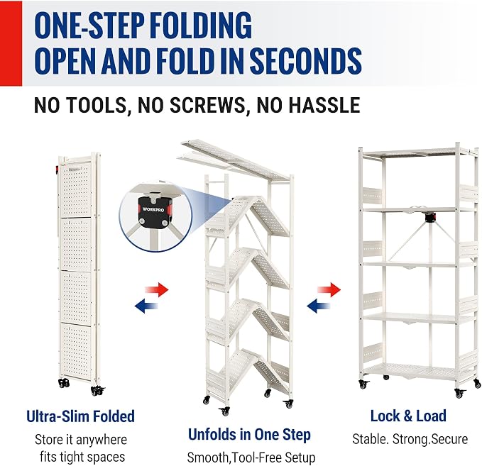 WORKPRO 5-Tier Folding Shelf, No-Assembly Metal Storage Rack - Image 5