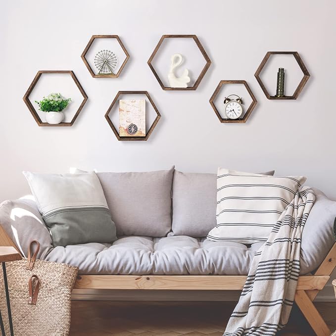 Hexagon Floating Shelves Set of 6 Farmhouse Honeycomb Wall Storage Shelf Wood - Image 2