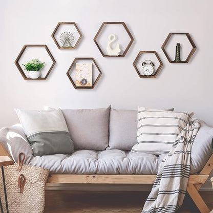 Hexagon Floating Shelves Set of 6 Farmhouse Honeycomb Wall Storage Shelf Wood - Image 2