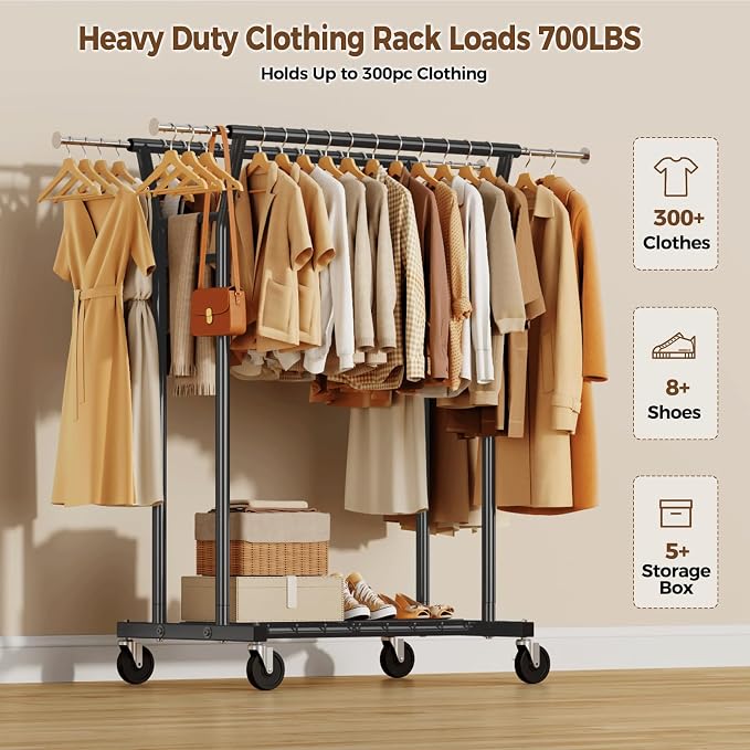 HYSEYY Heavy Duty Clothes Rack, Rolling Clothing Rack - Image 2