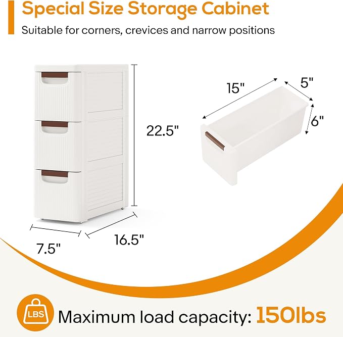 3 Drawers Slim Bathroom Storage Cabinet Dresser, Narrow Plastic Rolling Cart - Image 2