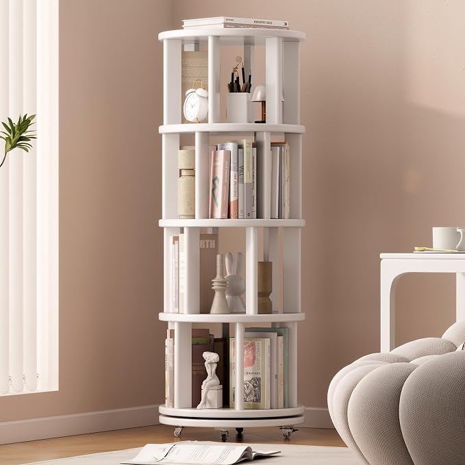 Solid Wood Rotating Bookshelf on Wheels, 4 Tier, Round Revolving Bookcase by Muwuele