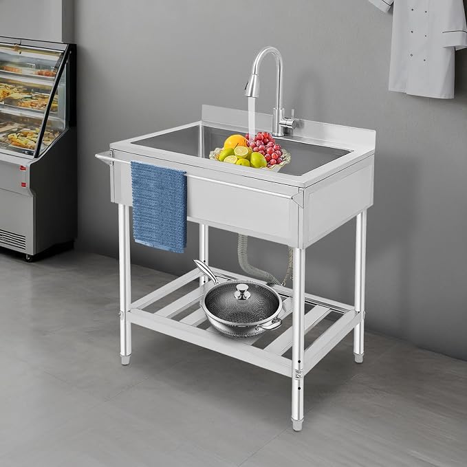 Stainless Steel Utility Sink, Free Standing Single Bowl Kitchen Sink - Image 6