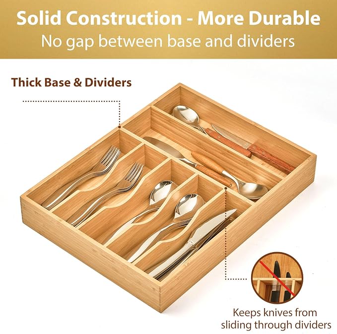 Umilife Bamboo Kitchen Drawer Organizer, 13 Inch Silverware Utensil Tray Holder - Image 4