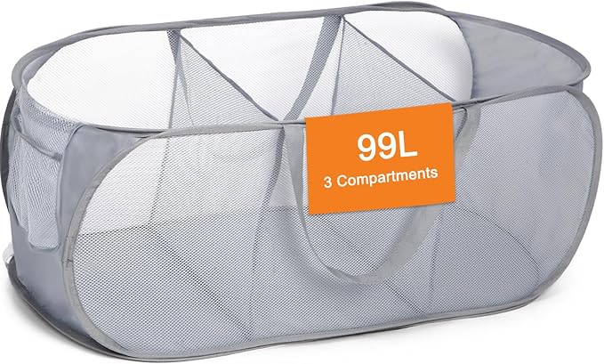 Durable Collapsible Foldable Pop Up Laundry Hamper, Sturdy 3 Compartments by Bemkoo