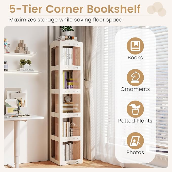 Giantex Foldable Rotating Bookshelf, 5-Tier Spinning Bookcase w/Swivel Base - Image 7